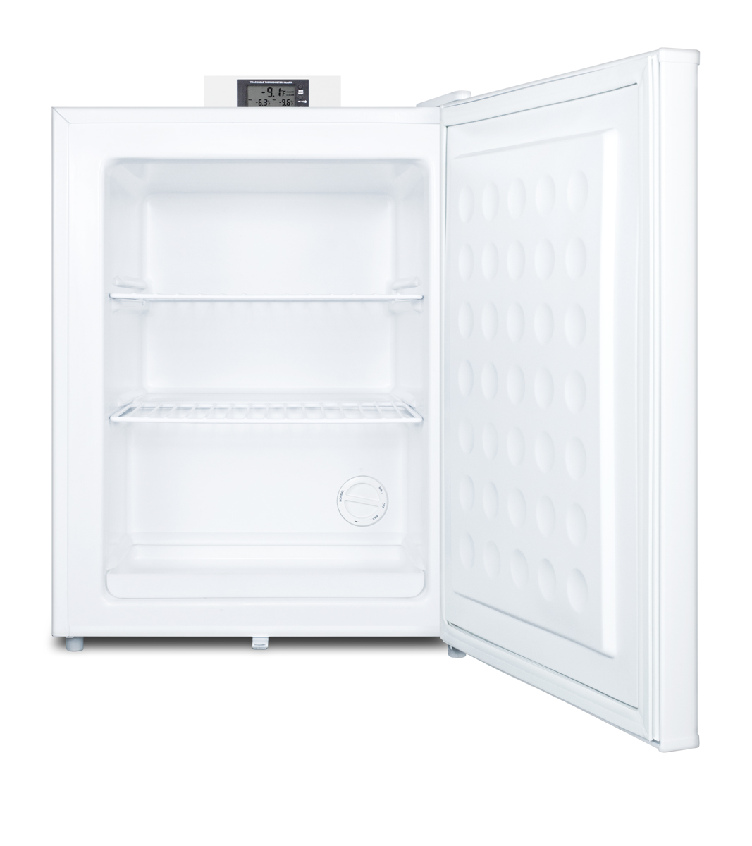 Commercially approved Nutrition Center series compact all-freezer in white with front lock and NIST calibrated digital temperature display